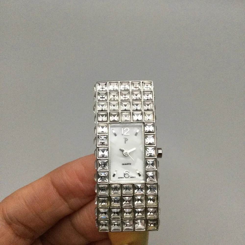 Crystal Bezel Womens Watch 20mm Silver Tone Case Gold Leather MOP New Battery